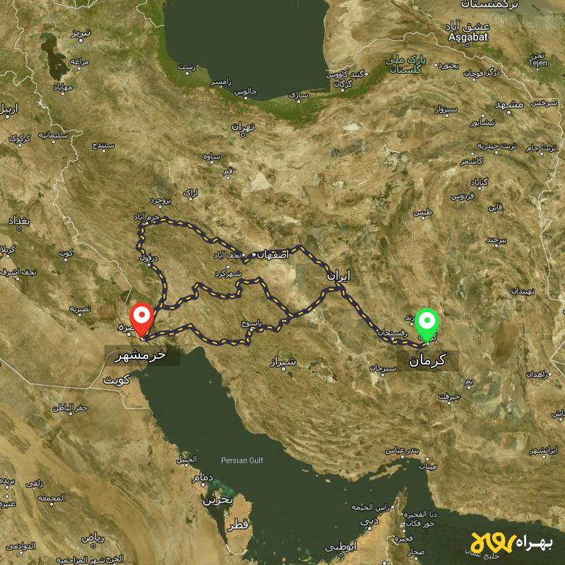 مسافت و فاصله خرمشهر - خوزستان تا کرمان از ۳ مسیر - اردیبهشت ۱۴۰۳