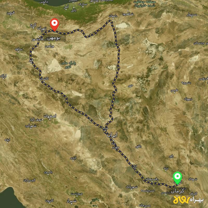 مسافت و فاصله بومهن - تهران تا کرمان از ۲ مسیر - آبان ۱۴۰۳