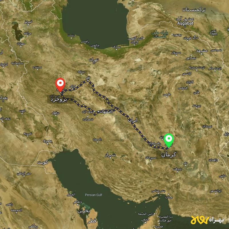 مسافت و فاصله بروجرد تا کرمان از ۲ مسیر - مرداد ۱۴۰۳