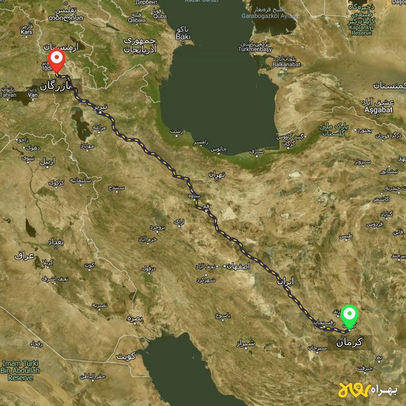 مسافت و فاصله بازرگان - آذربایجان غربی تا کرمان - آذر ۱۴۰۳