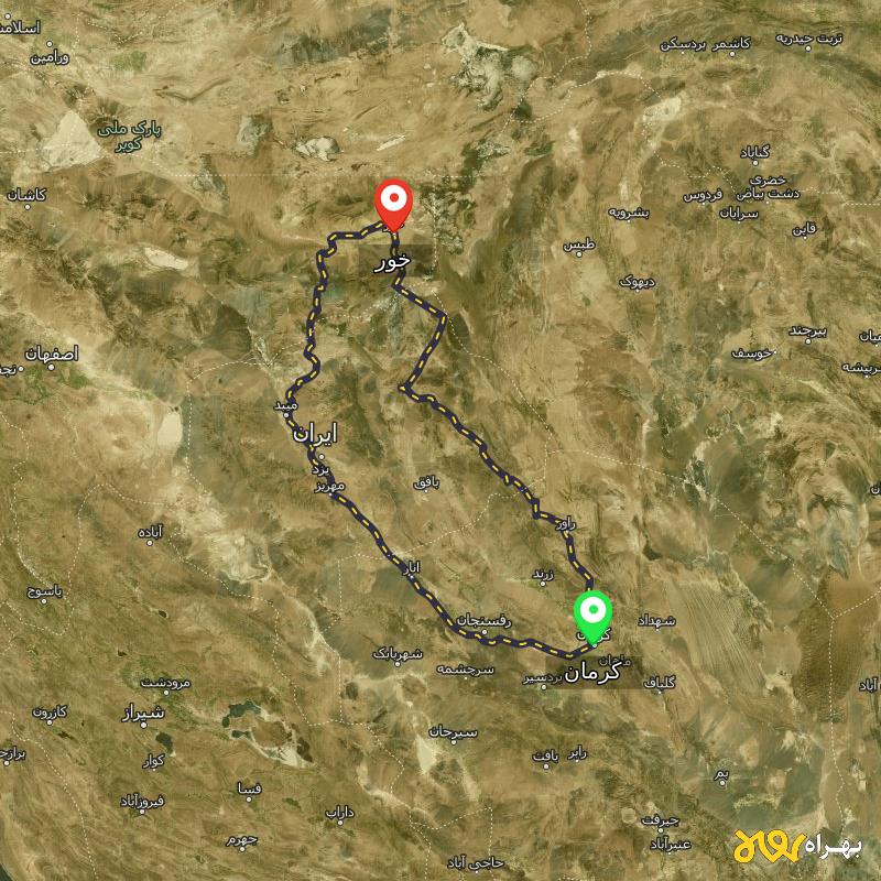 مسافت و فاصله خور - اصفهان تا کرمان از ۲ مسیر - آذر ۱۴۰۳