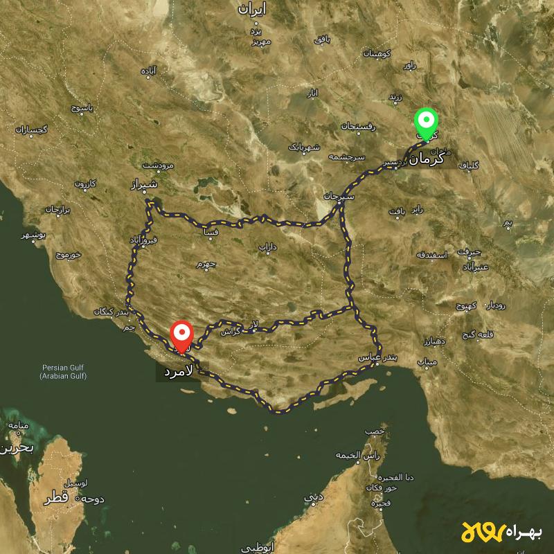 مسافت و فاصله لامرد - فارس تا کرمان از ۳ مسیر - اردیبهشت ۱۴۰۳