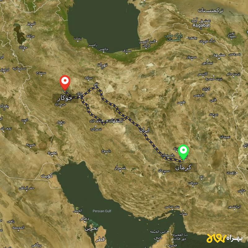 مسافت و فاصله جوکار - همدان تا کرمان از ۲ مسیر - آبان ۱۴۰۳