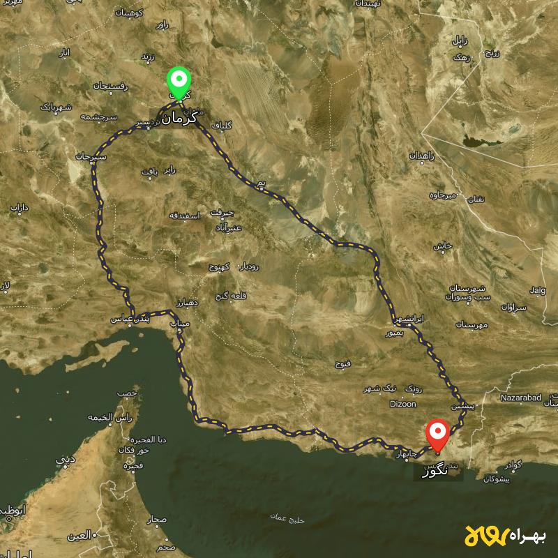 مسافت و فاصله نگور - سیستان و بلوچستان تا کرمان از ۲ مسیر - اردیبهشت ۱۴۰۳