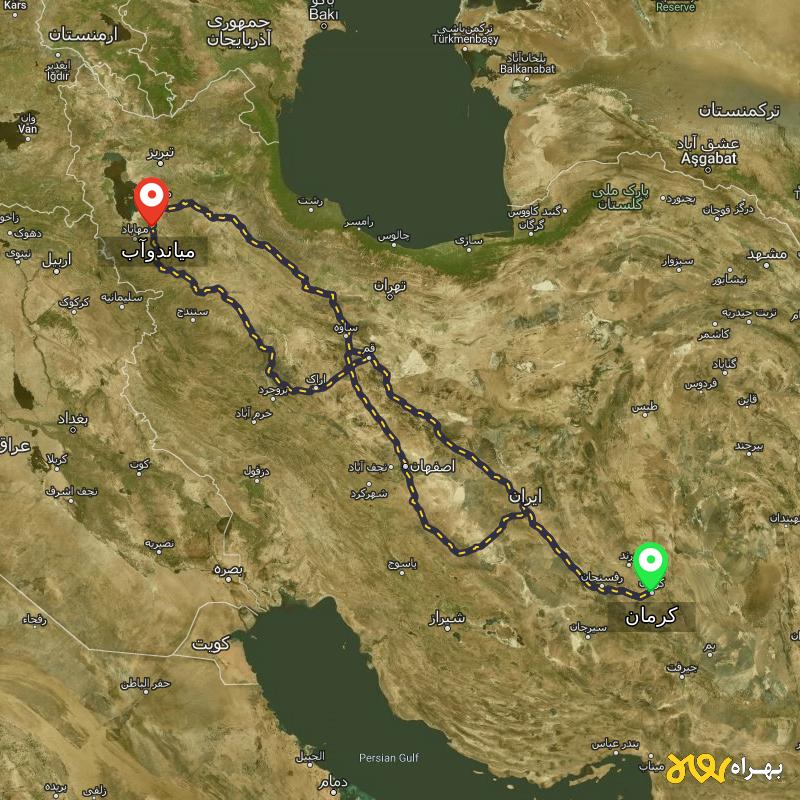 مسافت و فاصله میاندوآب - آذربایجان غربی تا کرمان از 3 مسیر - مسیریاب بهراه
