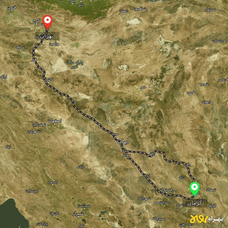مسافت و فاصله تهران تا کرمان از ۲ مسیر - مرداد ۱۴۰۳