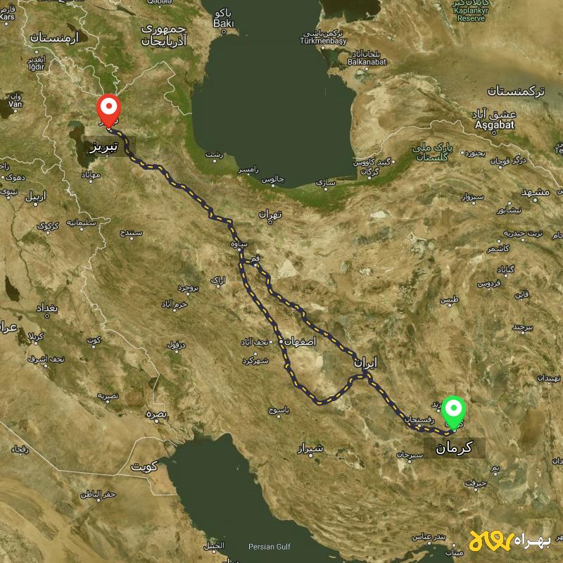 مسافت و فاصله تبریز تا کرمان از ۲ مسیر - اردیبهشت ۱۴۰۳