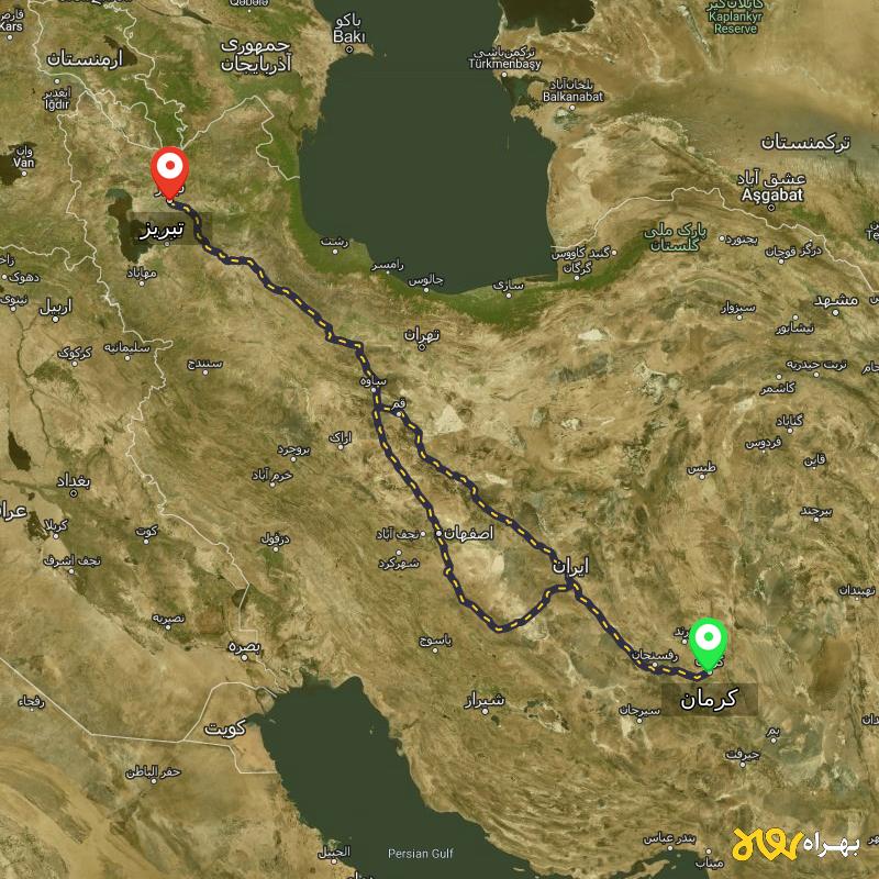 مسافت و فاصله تبریز تا کرمان از ۲ مسیر - مهر ۱۴۰۳