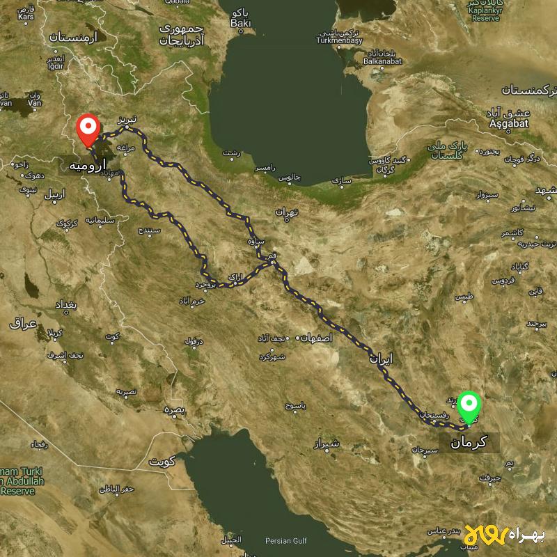 مسافت و فاصله ارومیه تا کرمان از ۲ مسیر - مهر ۱۴۰۳