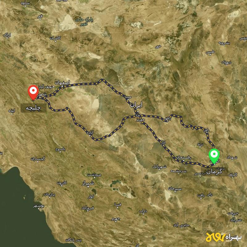 مسافت و فاصله چلیچه - چهارمحال و بختیاری تا کرمان از ۳ مسیر - مرداد ۱۴۰۳