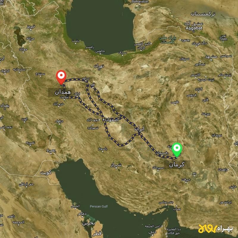 مسافت و فاصله همدان تا کرمان از ۳ مسیر - مهر ۱۴۰۳