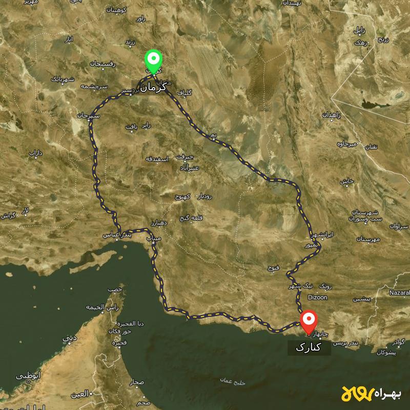 مسافت و فاصله کنارک - سیستان و بلوچستان تا کرمان از 2 مسیر - مسیریاب بهراه