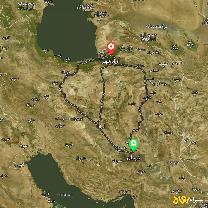 مسافت و فاصله آزادشهر - گلستان تا کرمان از ۳ مسیر - دی ۱۴۰۳
