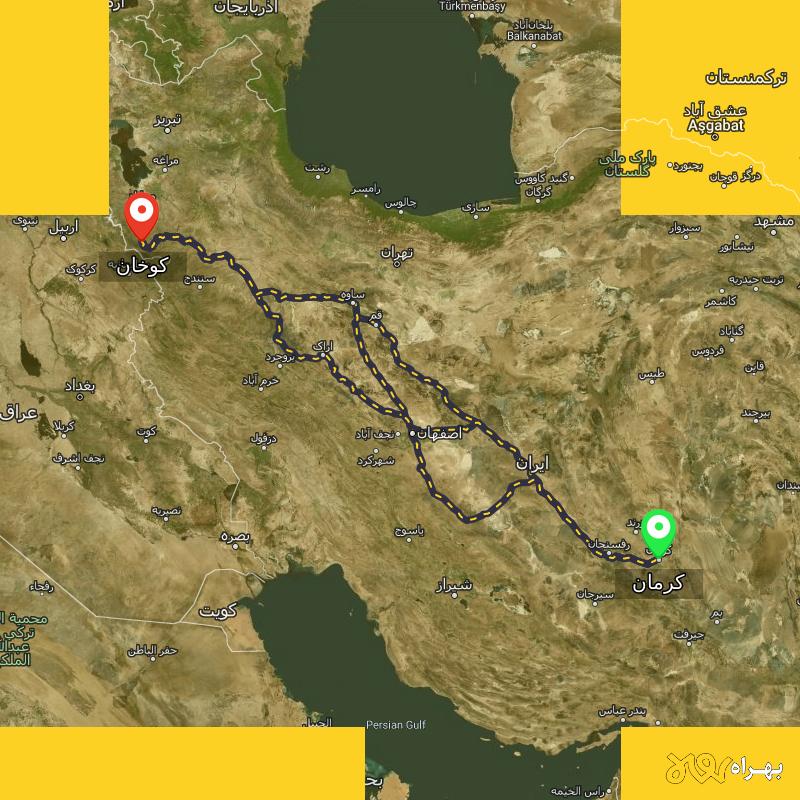 مسافت و فاصله کوخان - کردستان تا کرمان از ۳ مسیر - مرداد ۱۴۰۳