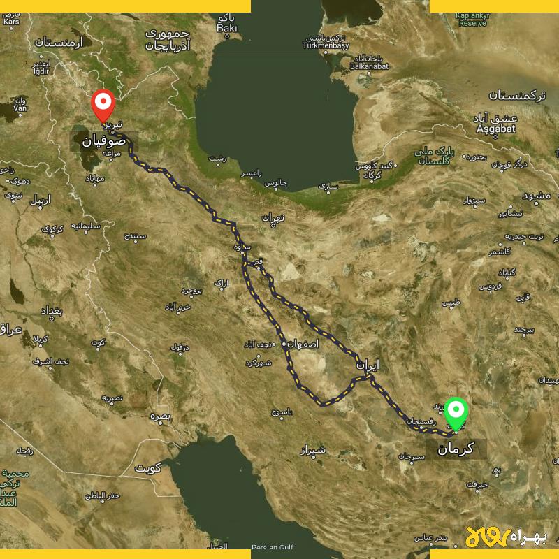 مسافت و فاصله صوفیان - آذربایجان شرقی تا کرمان از ۲ مسیر - آذر ۱۴۰۳