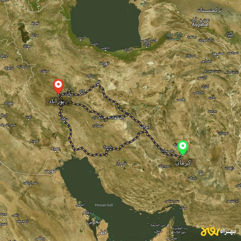 مسافت و فاصله نورآباد - لرستان تا کرمان از ۳ مسیر - آذر ۱۴۰۳