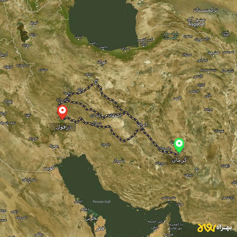 مسافت و فاصله دزفول تا کرمان از ۳ مسیر - اردیبهشت ۱۴۰۳