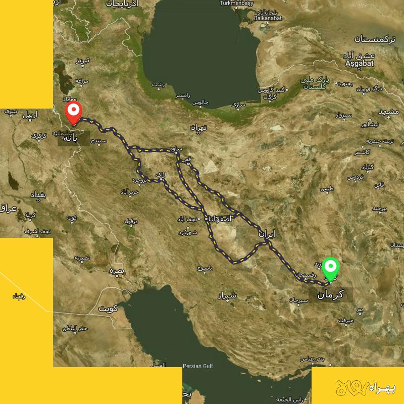مسافت و فاصله بانه - کردستان تا کرمان از ۳ مسیر - اردیبهشت ۱۴۰۳