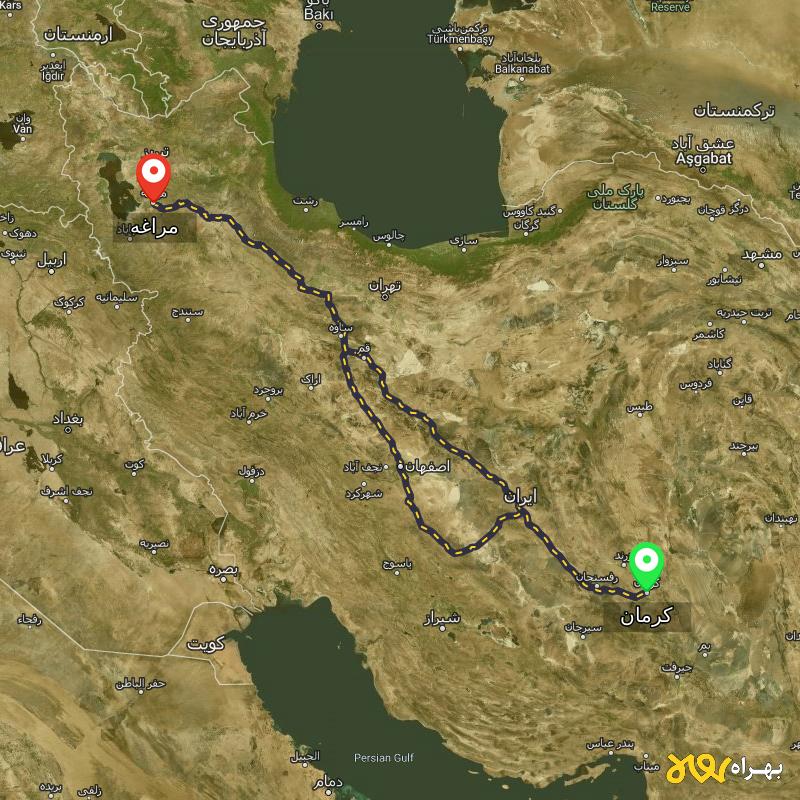 مسافت و فاصله مراغه - آذربایجان شرقی تا کرمان از ۲ مسیر - اردیبهشت ۱۴۰۳
