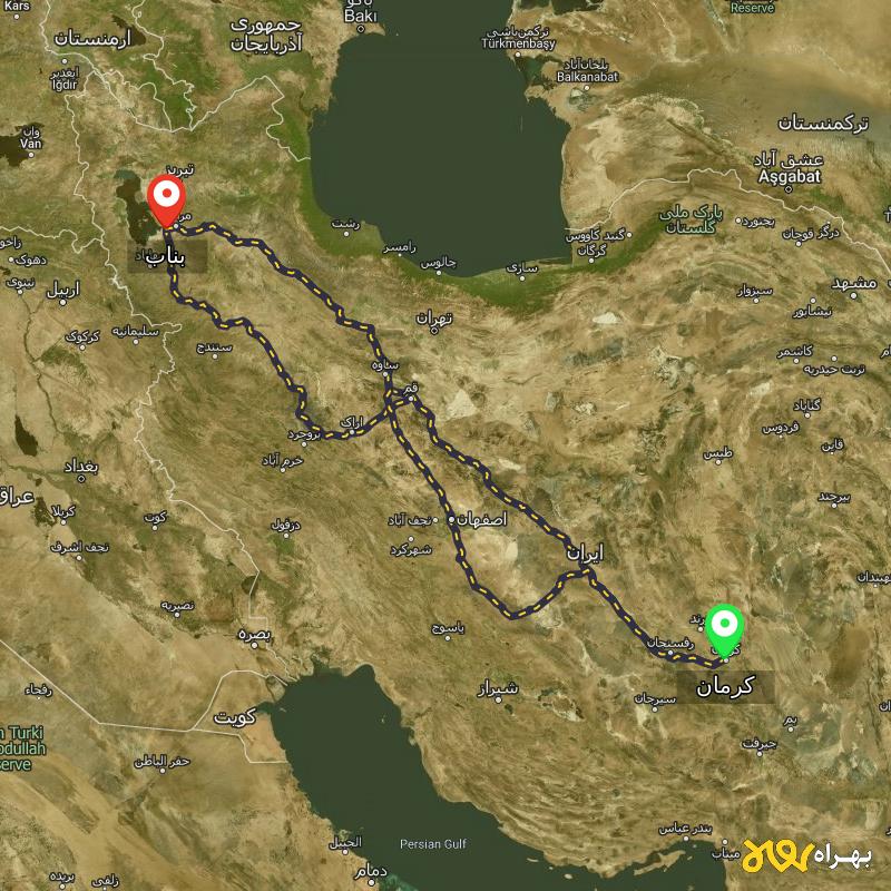 مسافت و فاصله بناب - آذربایجان شرقی تا کرمان از ۳ مسیر - آبان ۱۴۰۳