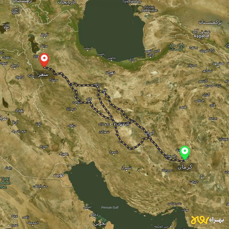 مسافت و فاصله سقز - کردستان تا کرمان از ۳ مسیر - مرداد ۱۴۰۳