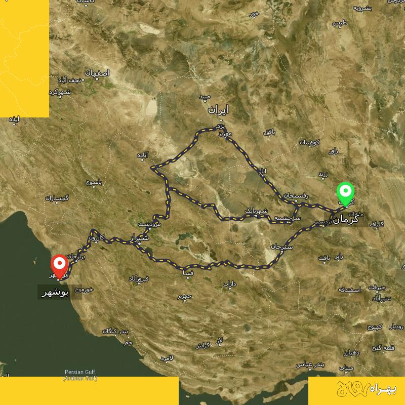 مسافت و فاصله بوشهر تا کرمان از ۳ مسیر - مرداد ۱۴۰۳