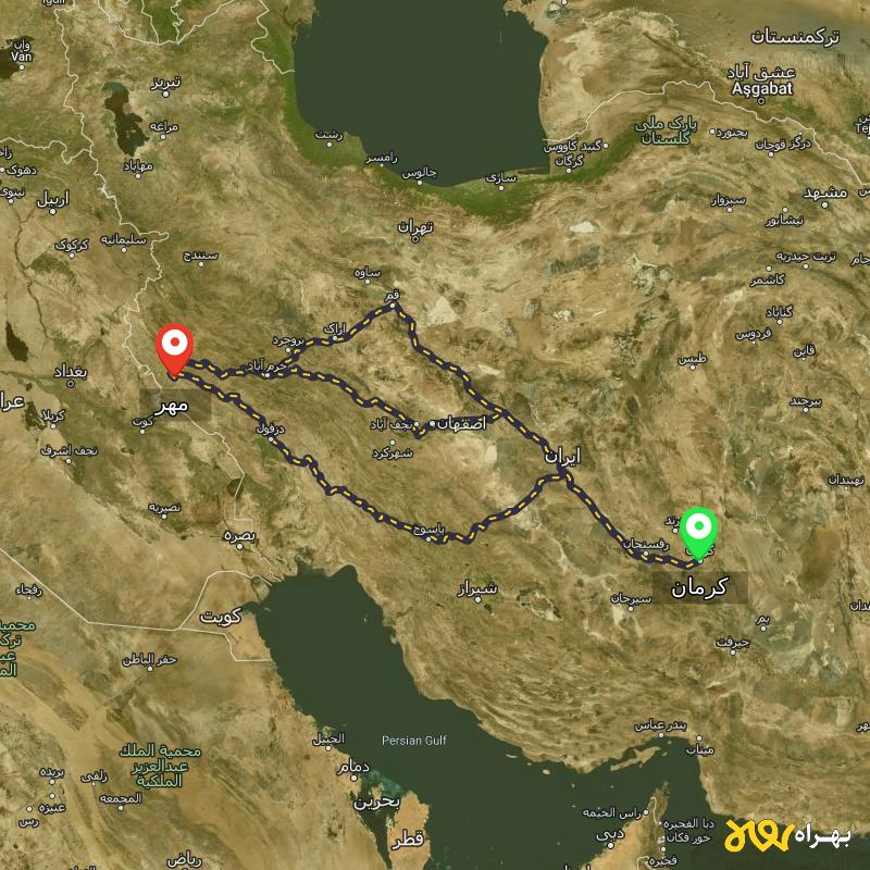 مسافت و فاصله مهر - ایلام تا کرمان از ۳ مسیر - شهریور ۱۴۰۳