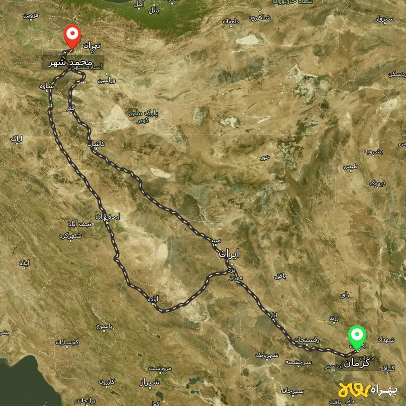مسافت و فاصله محمد شهر - البرز تا کرمان از ۲ مسیر - دی ۱۴۰۳