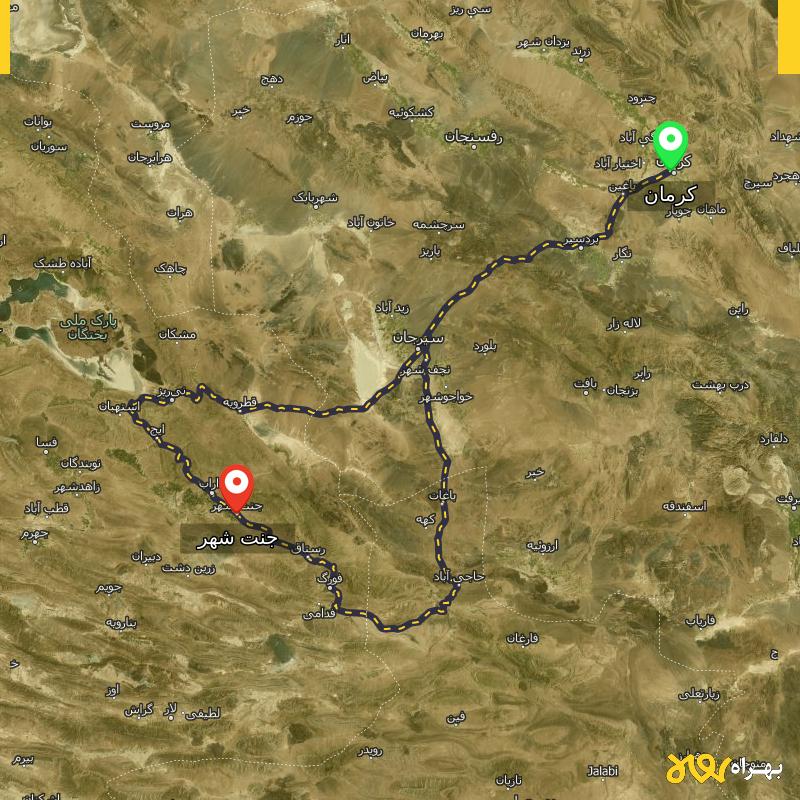 مسافت و فاصله جنت شهر - فارس تا کرمان از ۲ مسیر - دی ۱۴۰۳