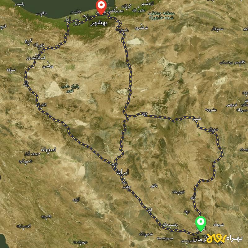 مسافت و فاصله بهشهر - مازندران تا کرمان از ۳ مسیر - آذر ۱۴۰۳