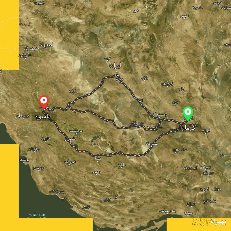 مسافت و فاصله یاسوج تا کرمان از 3 مسیر - مسیریاب بهراه