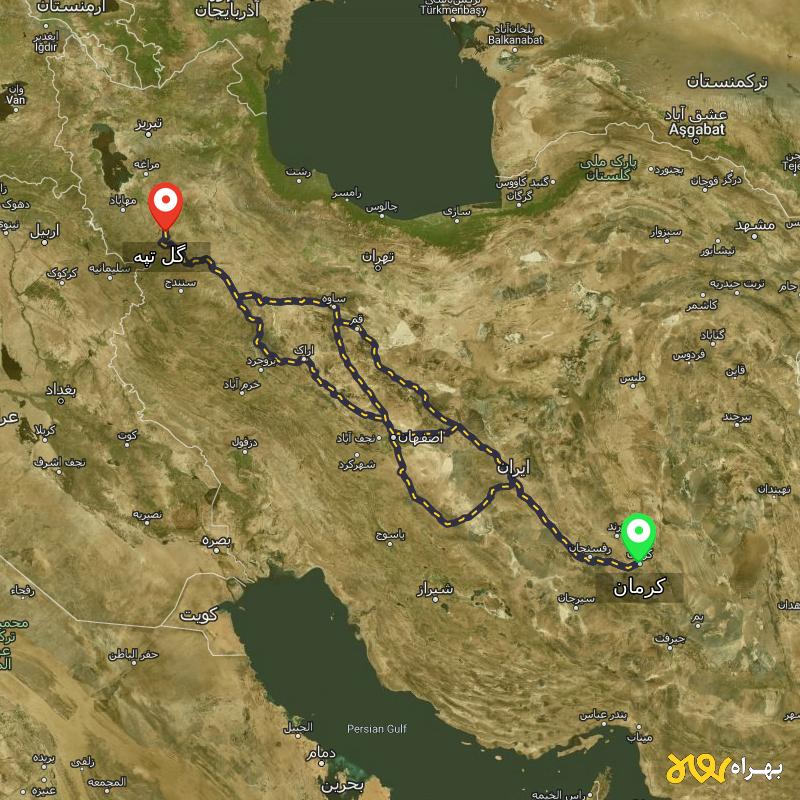 مسافت و فاصله گل تپه - کردستان تا کرمان از ۳ مسیر - مرداد ۱۴۰۳