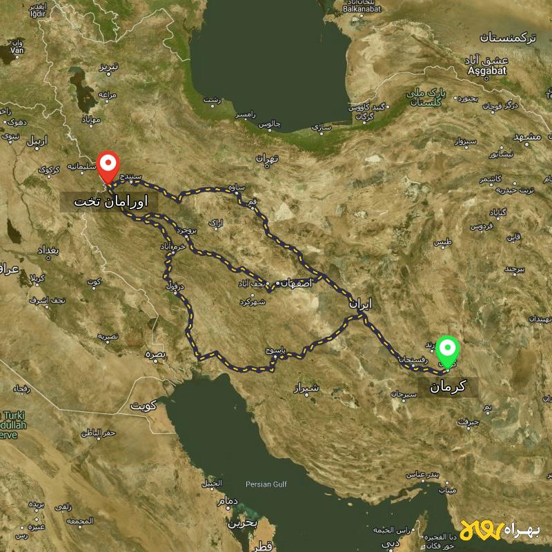 مسافت و فاصله اورامان تخت - کردستان تا کرمان از ۳ مسیر - آذر ۱۴۰۳