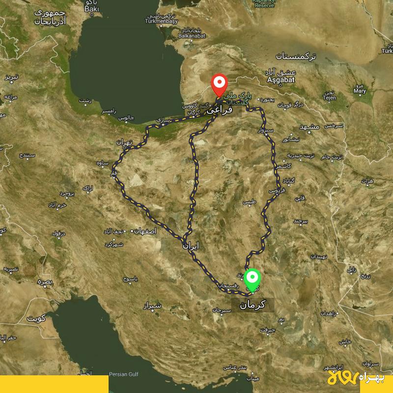 مسافت و فاصله فراغی - گلستان تا کرمان از ۳ مسیر - مهر ۱۴۰۳