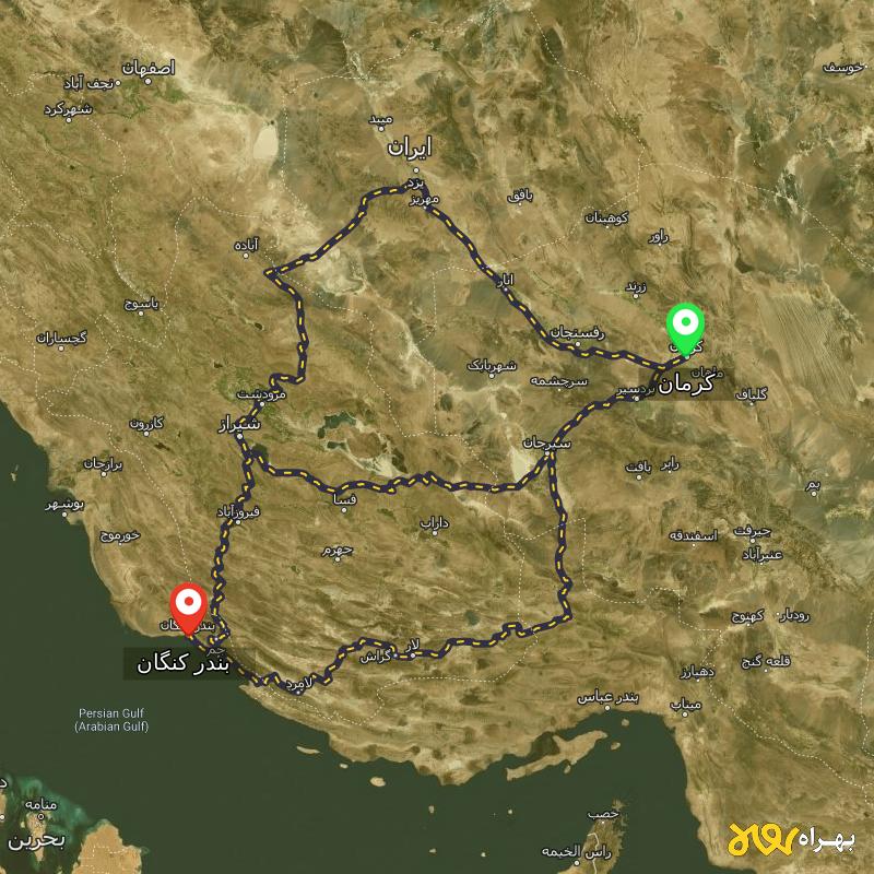 مسافت و فاصله بندر کنگان - بوشهر تا کرمان از ۳ مسیر - اردیبهشت ۱۴۰۳