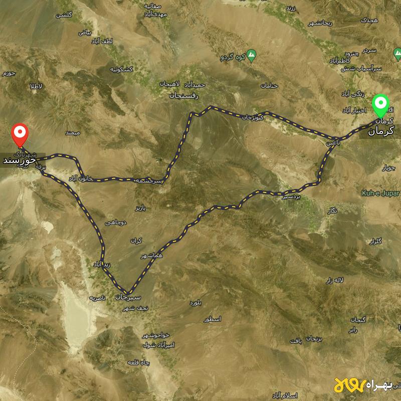 مسافت و فاصله خورسند - کرمان تا کرمان از ۲ مسیر - مرداد ۱۴۰۳