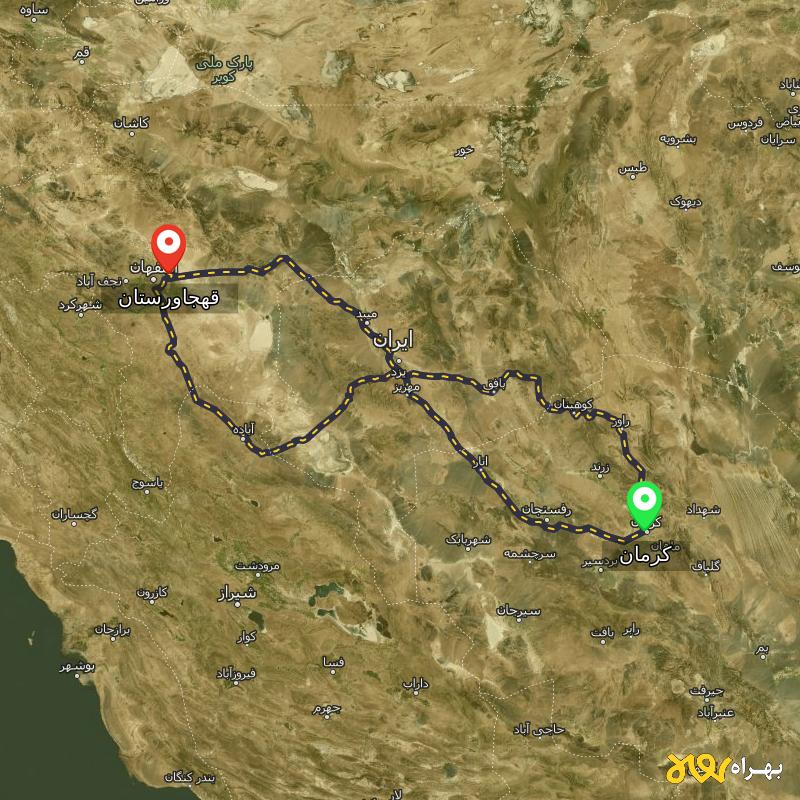مسافت و فاصله قهجاورستان - اصفهان تا کرمان از ۳ مسیر - شهریور ۱۴۰۳