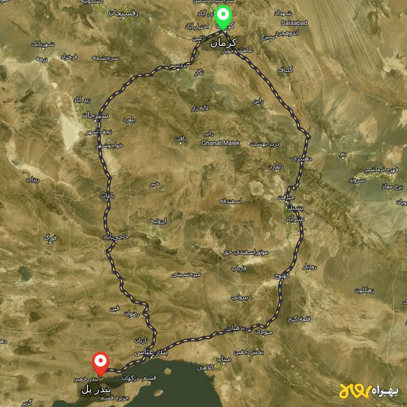 مسافت و فاصله بندر پل - هرمزگان تا کرمان از 2 مسیر - مسیریاب بهراه