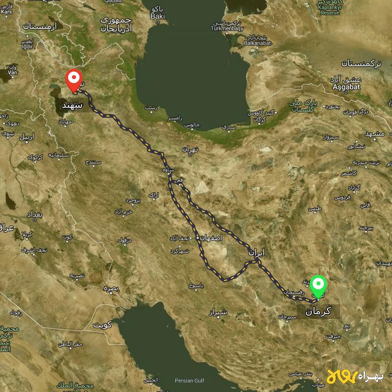 مسافت و فاصله سهند - آذربایجان شرقی تا کرمان از ۲ مسیر - مهر ۱۴۰۳