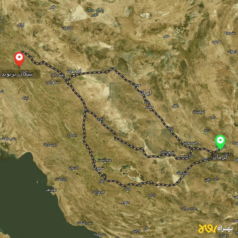 مسافت و فاصله تیتکان بزنوید - لرستان تا کرمان از ۳ مسیر - شهریور ۱۴۰۳