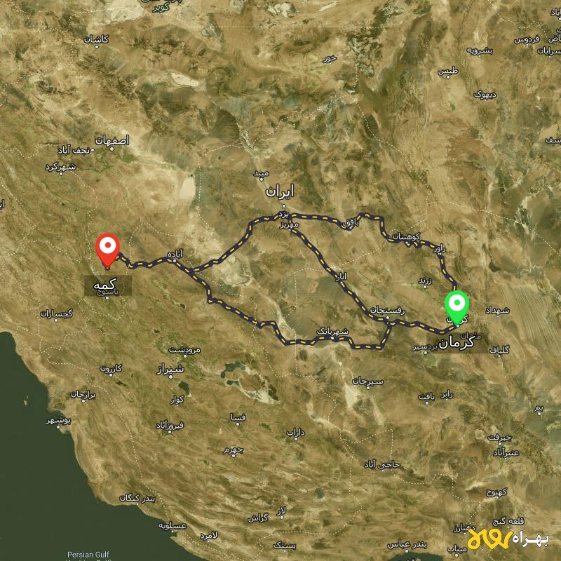 مسافت و فاصله کمه - اصفهان تا کرمان از ۳ مسیر - مرداد ۱۴۰۳