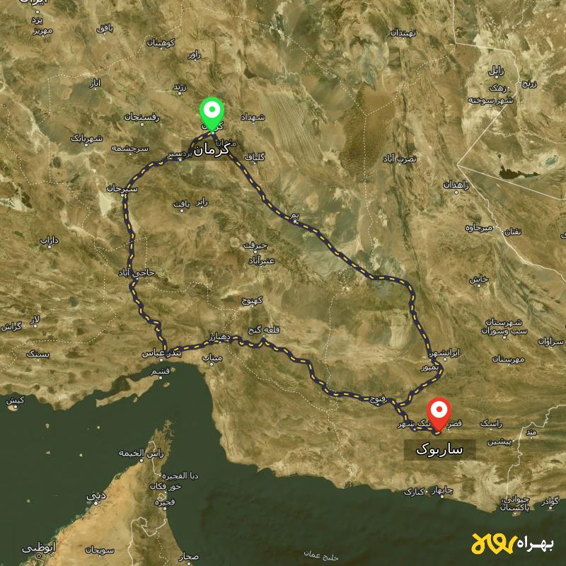 مسافت و فاصله ساربوک - سیستان و بلوچستان تا کرمان از ۲ مسیر - شهریور ۱۴۰۳