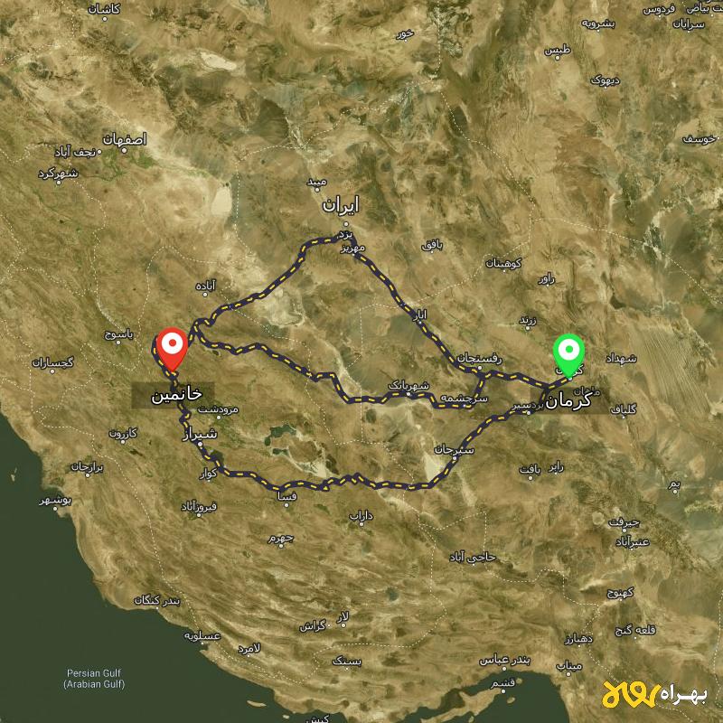 مسافت و فاصله خانمین - فارس تا کرمان از ۳ مسیر - شهریور ۱۴۰۳