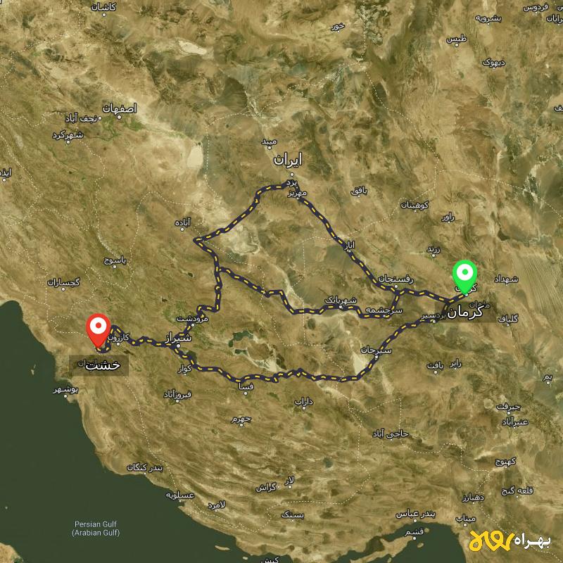 مسافت و فاصله خشت - فارس تا کرمان از ۳ مسیر - مرداد ۱۴۰۳