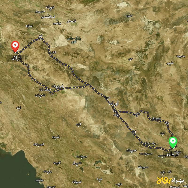 مسافت و فاصله اراک تا کرمان از 3 مسیر - مسیریاب بهراه