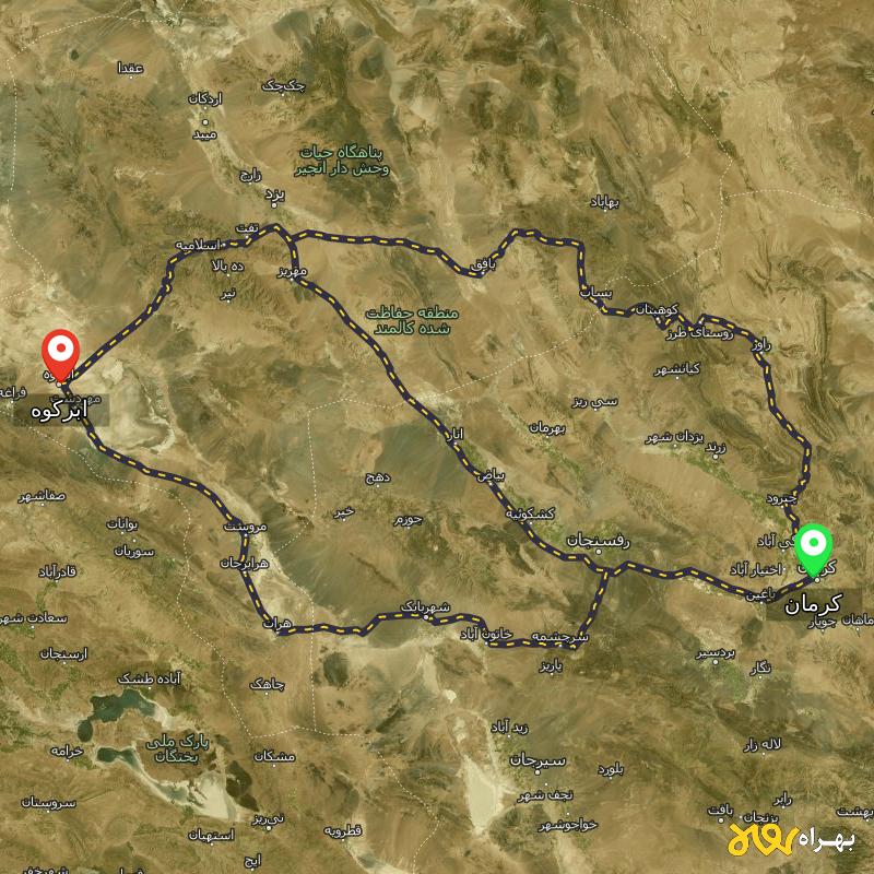 مسافت و فاصله ابرکوه - یزد تا کرمان از ۳ مسیر - مرداد ۱۴۰۳