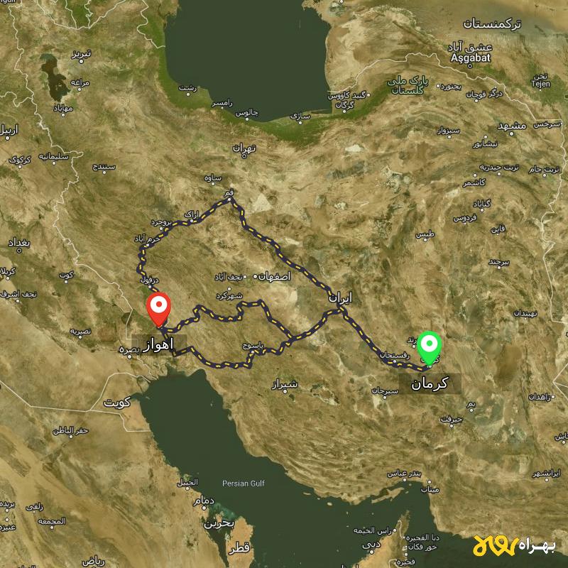 مسافت و فاصله اهواز تا کرمان از ۳ مسیر - مرداد ۱۴۰۳