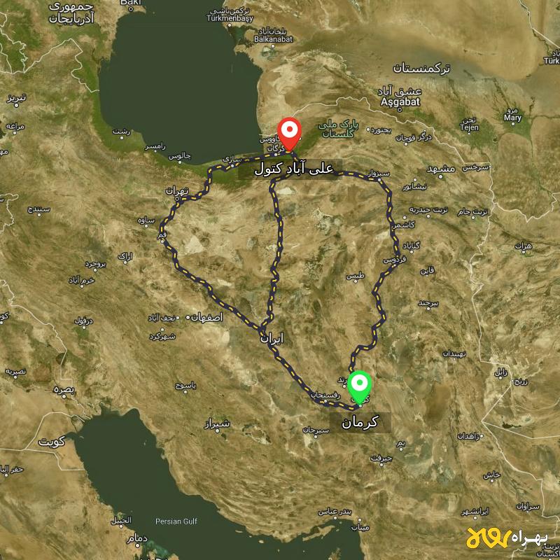 مسافت و فاصله علی آباد کتول - گلستان تا کرمان از ۳ مسیر - مرداد ۱۴۰۳