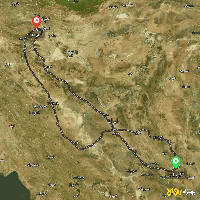 مسافت و فاصله پرند تا کرمان از ۳ مسیر - مرداد ۱۴۰۳