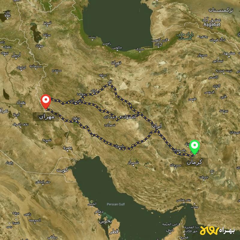 مسافت و فاصله مهران - ایلام تا کرمان از 3 مسیر - مسیریاب بهراه